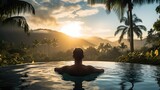 Fototapeta  - Traveler man on vacation in swimming pool at spa resort with tropical nature view at sunrise