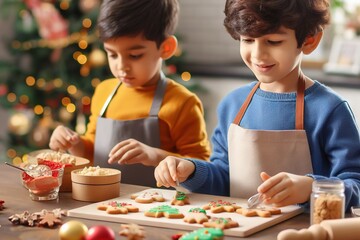 Kids making Christmas ginger cookies and laughing while enjoying fellowship. Festive homemade sweets. At home in kitchen with Christmas tree in background