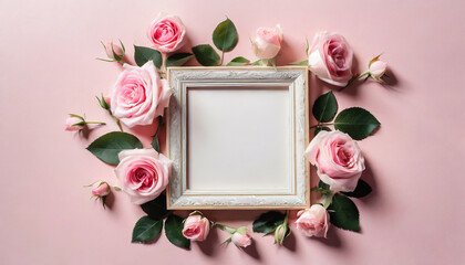 Blank frame for text, pink rose flowers on pink background - Artistic