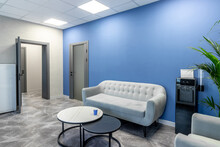Grey Doors With Glass Insert In Office Space With Blue Wall And Comfortable Sofa