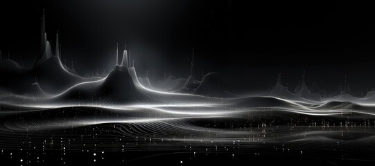Wall Mural - An abstract wallpaper with a black background, in a wide format, creating a futuristic composition that blends natural elements with advanced technology in an imaginative display. Illustration