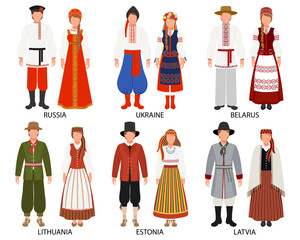 A set of couples in folk costumes of European countries. Russia, Ukraine, Belarus, Latvia, Lithuania, Estonia. Culture and traditions. Illustration, vector