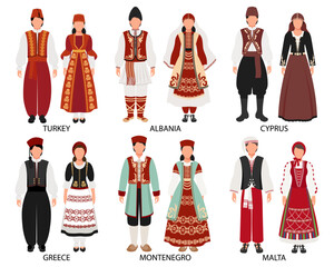 Wall Mural - A set of couples in folk costumes of European countries. Türkiye, Albania, Montenegro, Greece, Cyprus, Malta. Culture and traditions. Illustration, vector