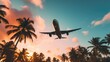 Bottom view of Airplane flying over coconut trees at sunset