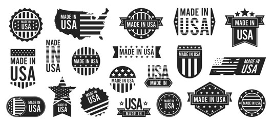 Sticker - Made in USA stapms black color. Retro american flag stamp with text. Logo with text and seal. Label design vector set