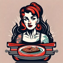 A Retro Logo Rough Of A Tattooed Flash Art Style Pinup Woman In The Restaurant Business. Waitress, Chef, Cook, Owner.