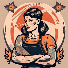 A Retro Logo Rough Of A Tattooed Flash Art Style Pinup Woman In The Restaurant Business. Waitress, Chef, Cook, Owner.