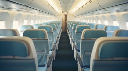 Modern Aircraft Interior with Rows of Seats and Safety Instructions for Air Travelers