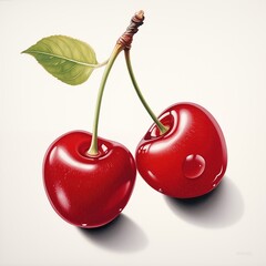 Two red cherries with a green leaf on top. The cherries are ripe and ready to be eaten