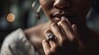 Black woman holds diamond engagement ring. woman contemplating marriage or divorce ~ shot with canon eos rp.