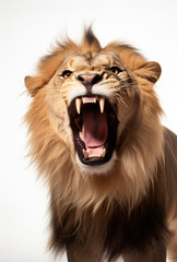 Wall Mural - Lion with a full mouth yawns and growls isolated on a white background created with Generative AI Technology