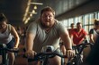 Overweight man cycles diligently in the gym. A testament to determination and a healthy lifestyle.  'generative AI'