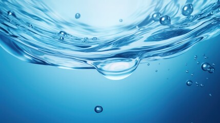 Poster - Clear blue water splashes and waves with drops. Vector liquid splash with drops. 3D element. Clear drink. Clear water falling or foaming