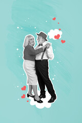 Wall Mural - Image collage of enamored happy people soulmates dancing wedding waltz isolated on blue drawing background