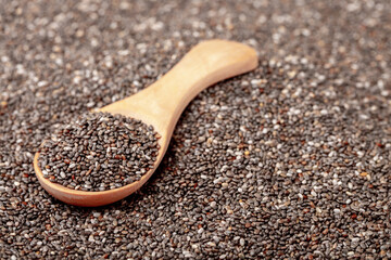 Wall Mural - Chia seeds close-up with a wooden spoon. Chia seeds macro. Dry healthy supplement for proper nutrition.
