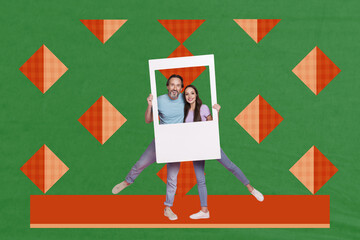 Poster - Picture photo 3d collage of cheerful beautiful people photographing valentine day party isolated on green drawing background