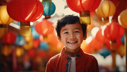 Wall Mural - Chinese new year red lantern celebration little boy smiling