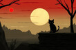 A black cat sits on a rock against the backdrop of a large yellow moon in the sky. Generative AI