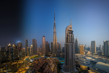 Wall Mural - Seamless night to day sunrise transition view of the modern Downton city skyline of Dubai, UAE