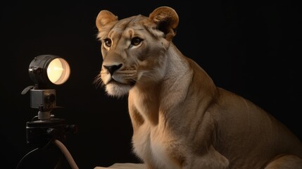 Wall Mural - taxidermy bust portrait of lioness shot in studio, a female lion head held up with light stand.