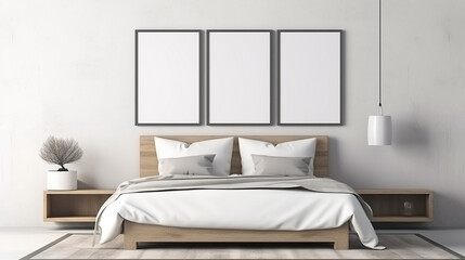 Sticker - Perspective of modern bedroom with picture frame and white hanging lamp, Interior idea generative ai