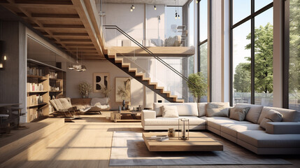 Sticker - Stylish living room with big sofa, many windows and stairs in amazing apartment. generative ai