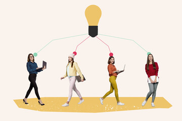 Poster - Creative concept picture collage team brainstorming girls online meeting using laptop have big idea light bulb isolated on white background