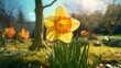 A blooming daffodil in a garden, its bright yellow petals radiating the joy and optimism of a new season.