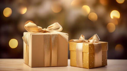 Wall Mural - Two wrapped Christmas presents tied with golden ribbon with bow on wooden table