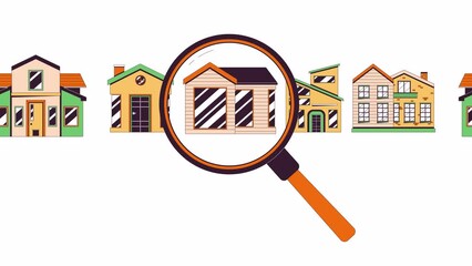 Aufkleber - House hunting options choosing line 2D animation. Loupe magnifying glass searching home 4K video motion graphic. Apartment purchasing magnifier linear animated cartoon flat concept, white background