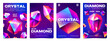 Abstract crystal posters. Triangular gemstone badges with shiny reflections, trendy jewel badges with reflections and glossy shine. Vector polygonal set