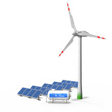Fototapeta Desenie - 3d Solarenergie, Windenergie und Wasserstoff, alternative, klimaneutrale  und ökologische Energie, freigestellt. Solarpanele, Windkraftanlage und Wasserstofftank.