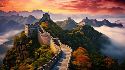 Wall Mural - beautiful view of the ancient Great Wall of China with mountains, sky and trees created with Generative AI Technology