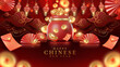 Chinese new year background with 3d realistic ornaments and red money bag elements and coin, gold ingot, lantern, envelope with glitter light effect decoration and bokeh.