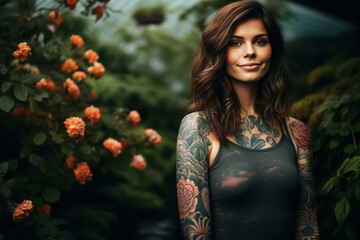 Wall Mural - A woman stands in a garden, her floral sleeve tattoo blending seamlessly with the surrounding blooms