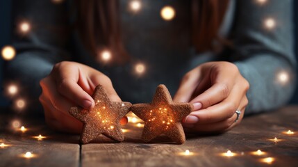 Wall Mural - A woman holding two gingerbread stars on a wooden table, AI