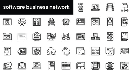 Wall Mural - Set of outline software business network icons