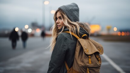 Wall Mural - A woman with a backpack walking down the street, AI