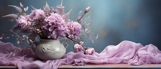 A Close up of flowers in the morning - Dreamlike, smokey background illustration, still-lifes, purple, pink and blue design.