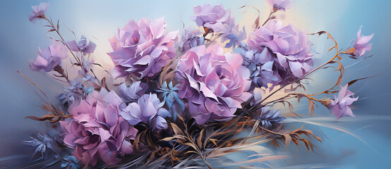 Wall Mural - A Close up of flowers in the morning - Dreamlike, smokey background illustration, still-lifes, purple, pink and blue design.