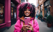 © Olha - African American woman in pink with a smartphone, Generative AI