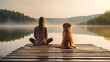 Woman and golden retriever enjoying a serene sunset together. Friend will always be present for you in your bad times. Feeling relax, Calm mind and no stress. Well being and pet friendly concept.