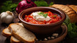 Traditional ukrainian cuisine. Bowl with tasty red borscht soup.