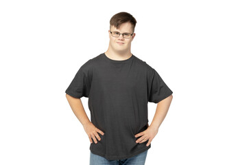 PNG, a boy with down syndrome in a black t-shirt posing for the camera, isolated on a white background