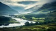 misty morning in the scottish highlands, with rugged hills partially veiled in fog, copy space, 16:9