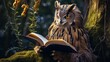 eagle owl intelligently reading a book, 16:9