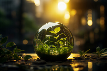 There are green plants inside the glass ball, urbanization and environmental change, urban greening, symbolizing nature, environment, sustainability, ESG and climate change awareness, Arbor Day