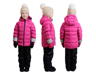 Wall Mural - front and back view of little girl in winter look isolated