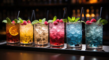  Set Of Alcoholic Cocktails, Variety Of Alcoholic Drinks And Multi Colored Cocktails On The Reflective Surface Of Bar Counter,Panorama Banner With An Assortment Of Colorful Exotic Alcoholic Cocktail	