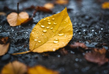 Poster - some leaves laying on the ground with water droplets on them